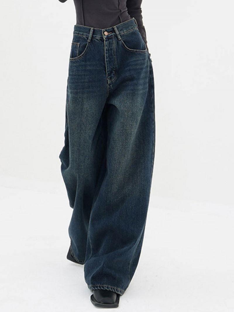 Rechte Jeans Dames Vintage Hoge Taille Broek Met Wijde Pijpen - Blauw