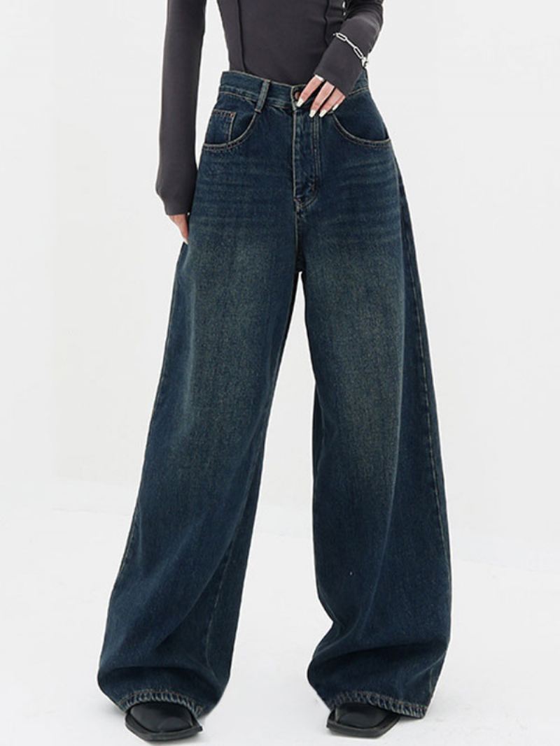 Rechte Jeans Dames Vintage Hoge Taille Broek Met Wijde Pijpen - Blauw