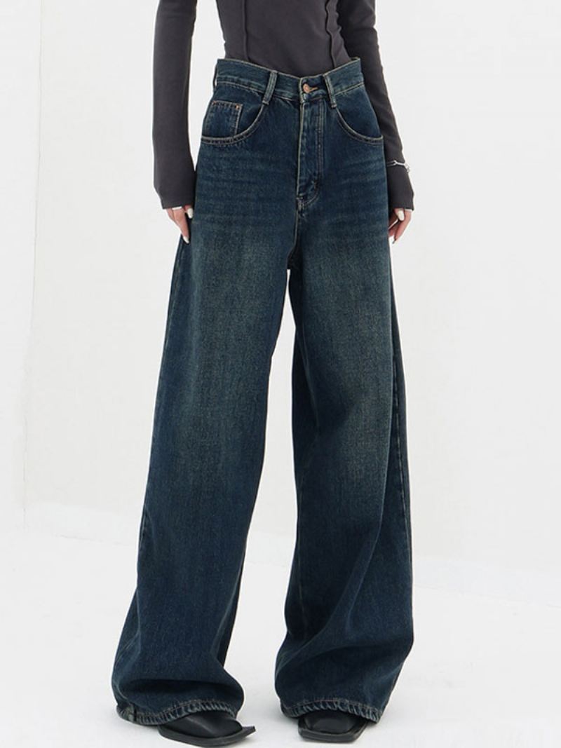 Rechte Jeans Dames Vintage Hoge Taille Broek Met Wijde Pijpen - Blauw