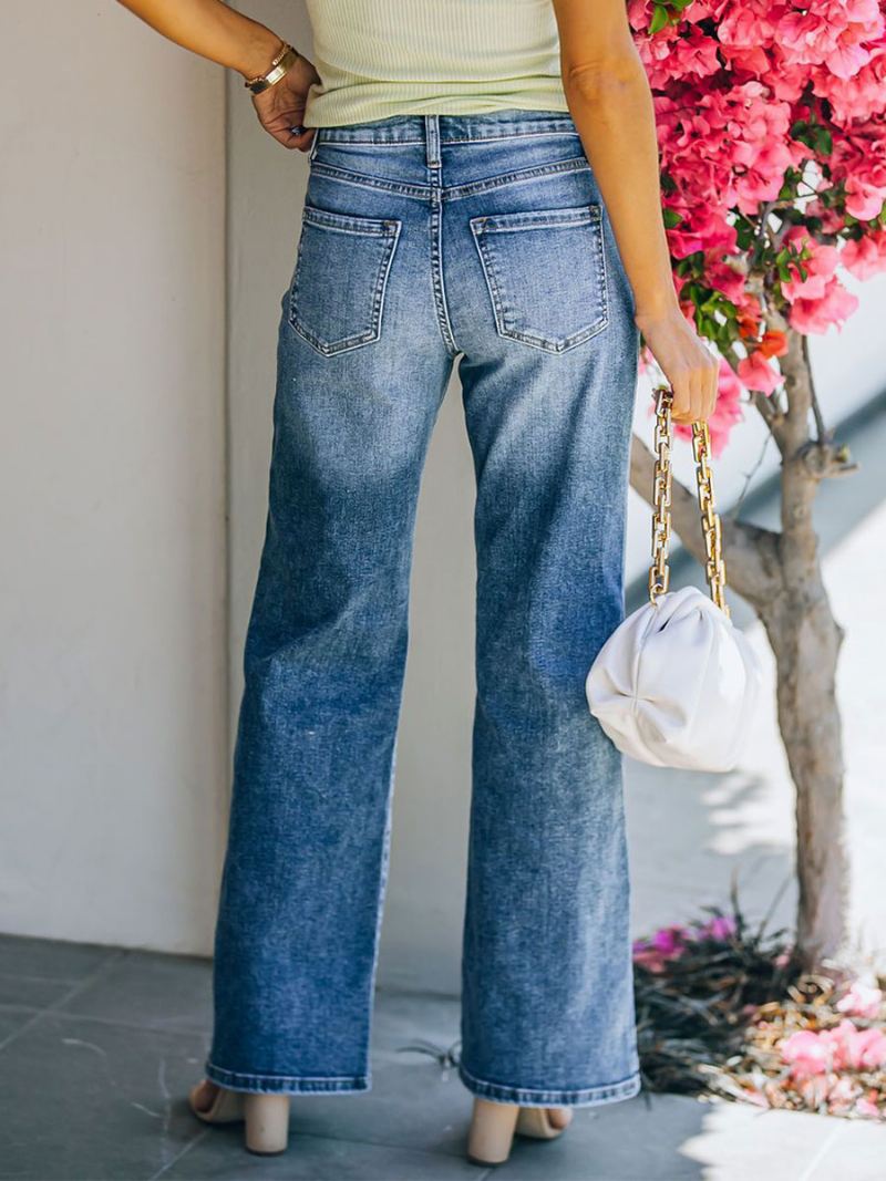 Rechte Jeans Met Hoge Taille Casual Katoenen Broek Dames - Blauw