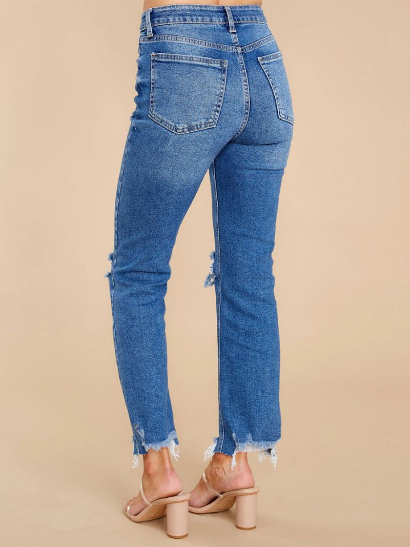 Verontruste Jeans Taps Toelopende Pasvorm Damesbroek Met Kwastjes Ritssluiting - Blauw