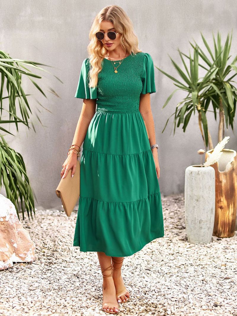 Casual Midi-jurk Met Ronde Hals Korte Mouwen Dames - Groen