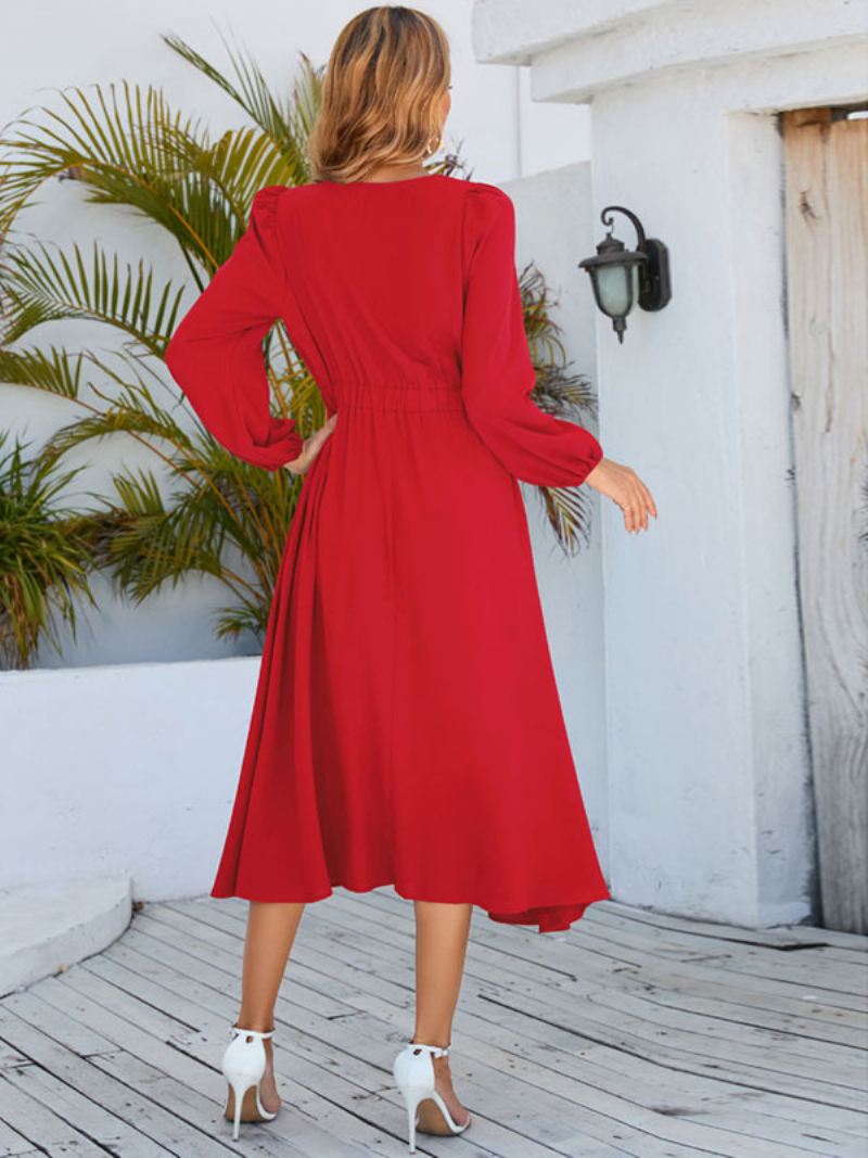 Dames Maxi-jurk Met Juweelhals Lange Mouwen Jurk - Rood