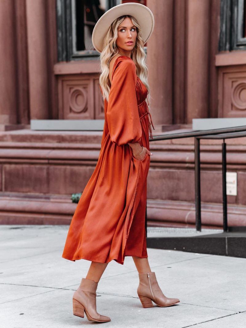 Dames Maxi-jurk Vierkante Hals Lange Mouwen Oranje Rode Vloerlengte Jurk - Oranje Rood