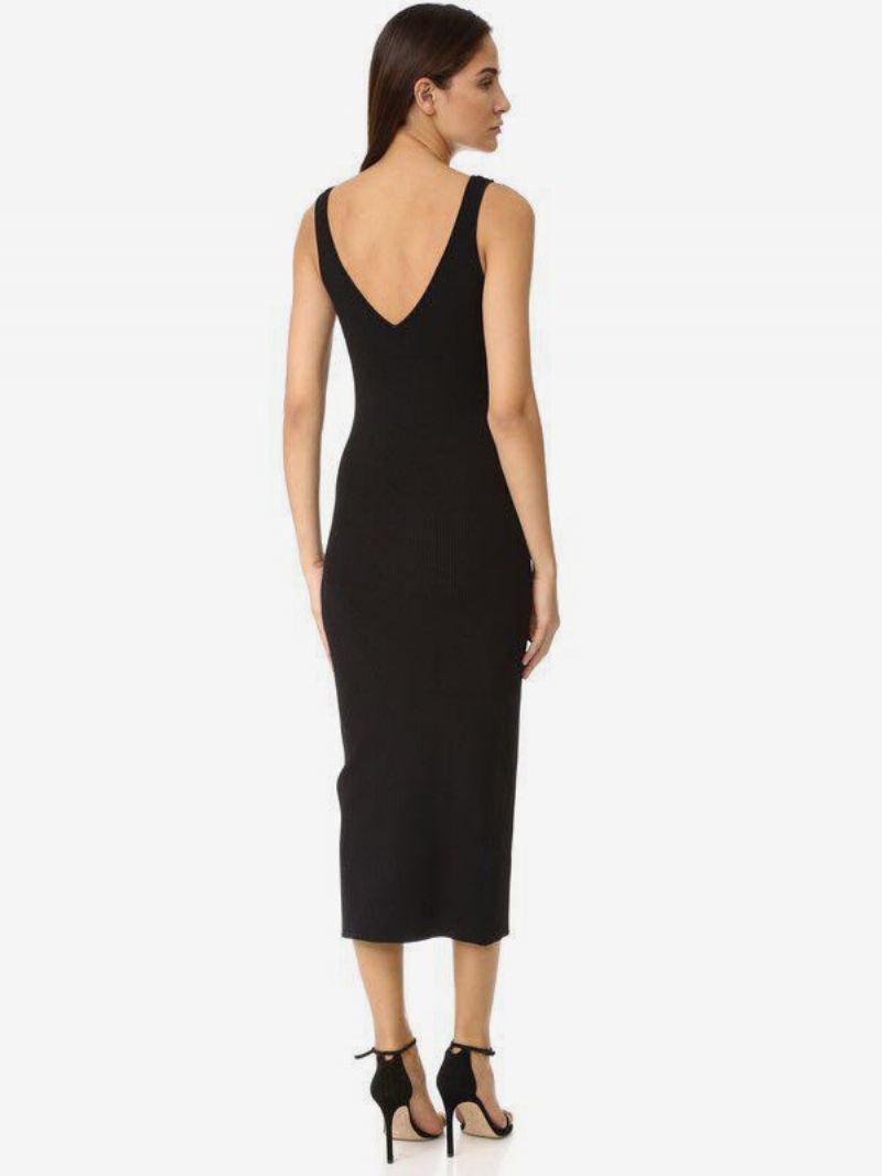 Dames Schede Jurk Met Veters Split Voorkant V-hals Sexy Bodycon Midi-jurken - Zwart