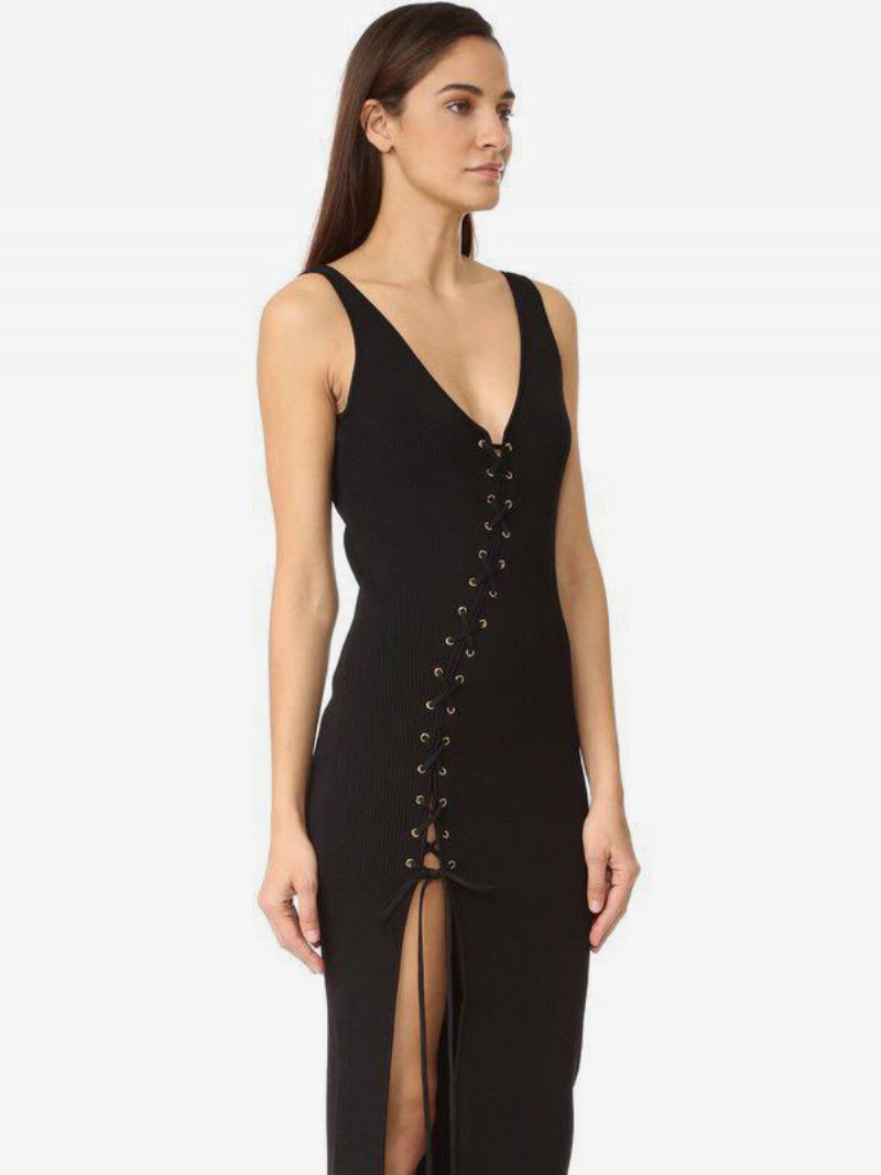 Dames Schede Jurk Met Veters Split Voorkant V-hals Sexy Bodycon Midi-jurken - Zwart