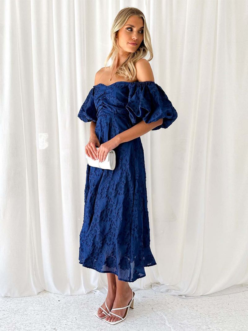 Feestjurk Dames Off-the-shoulder Met Rugloze Zomer Maxi-jurken - Blauw