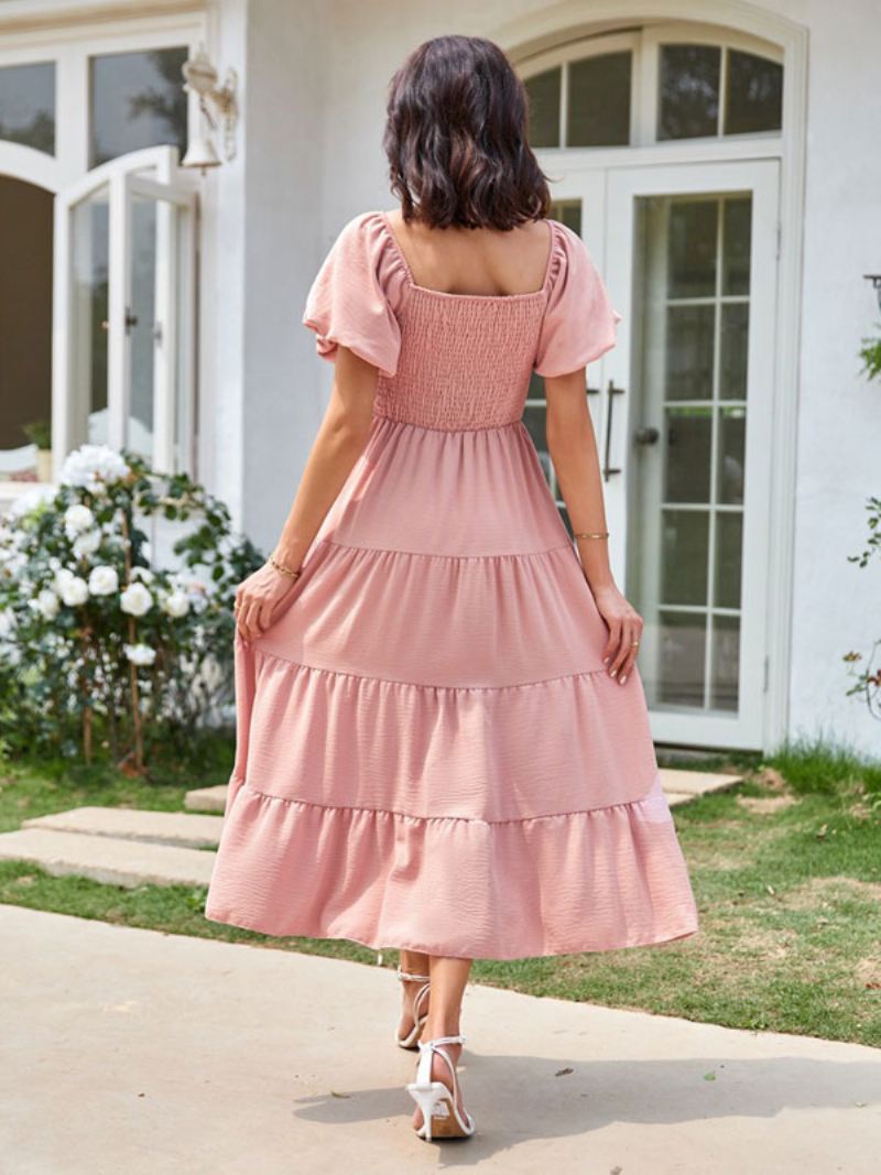 Zomer Midi-jurk Dames Roze Geplooide Strandjurk Met Bateau-hals - Roze