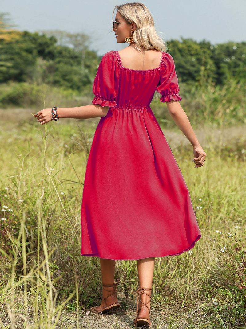 Zomerjurk Dames Geplooide Geknoopte Pastelgroene Medium Strandjurk Met Hartvormige Hals - Rood