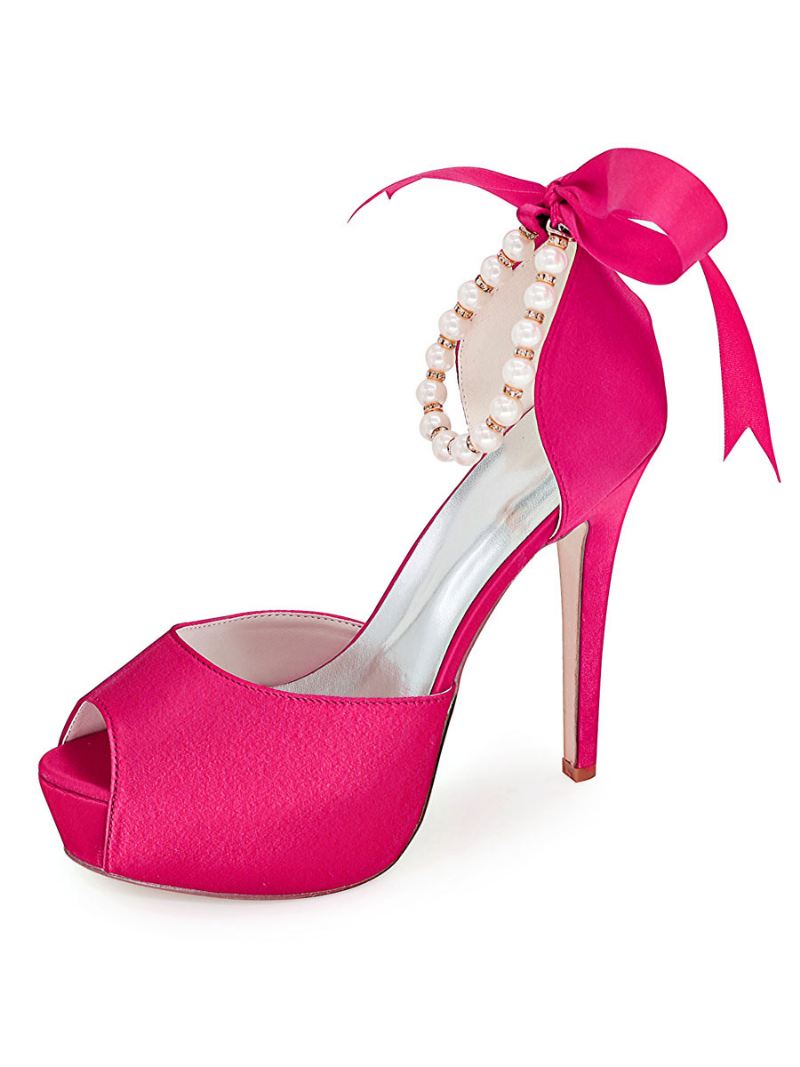 Bruidspumps Met Parels Veterplatform Peeptoe-hak Dames - Roze