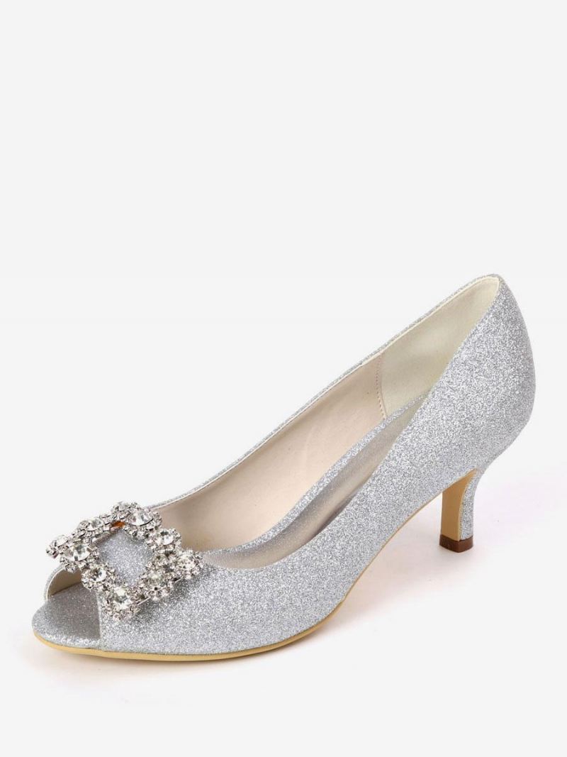 Bruidspumps Met Strass-glitter Kittenhak Dames Peep Toe - Wit