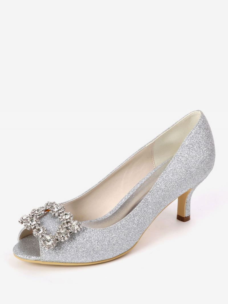 Bruidspumps Met Strass-glitter Kittenhak Dames Peep Toe - Zilver