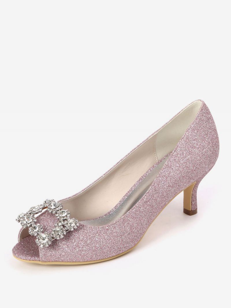 Bruidspumps Met Strass-glitter Kittenhak Dames Peep Toe - Fuchsia Roze