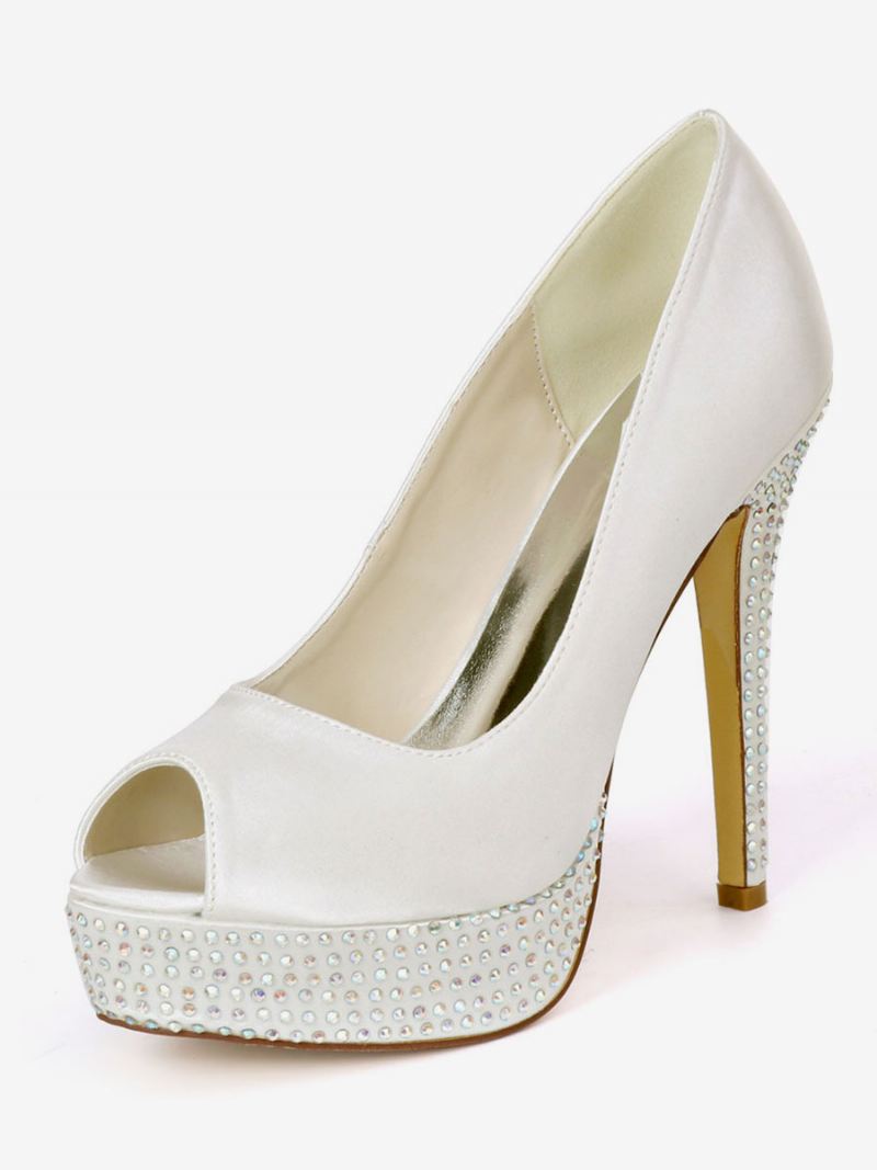 Bruidspumps Met Strass-platform Peeptoe Dames - Ivoor