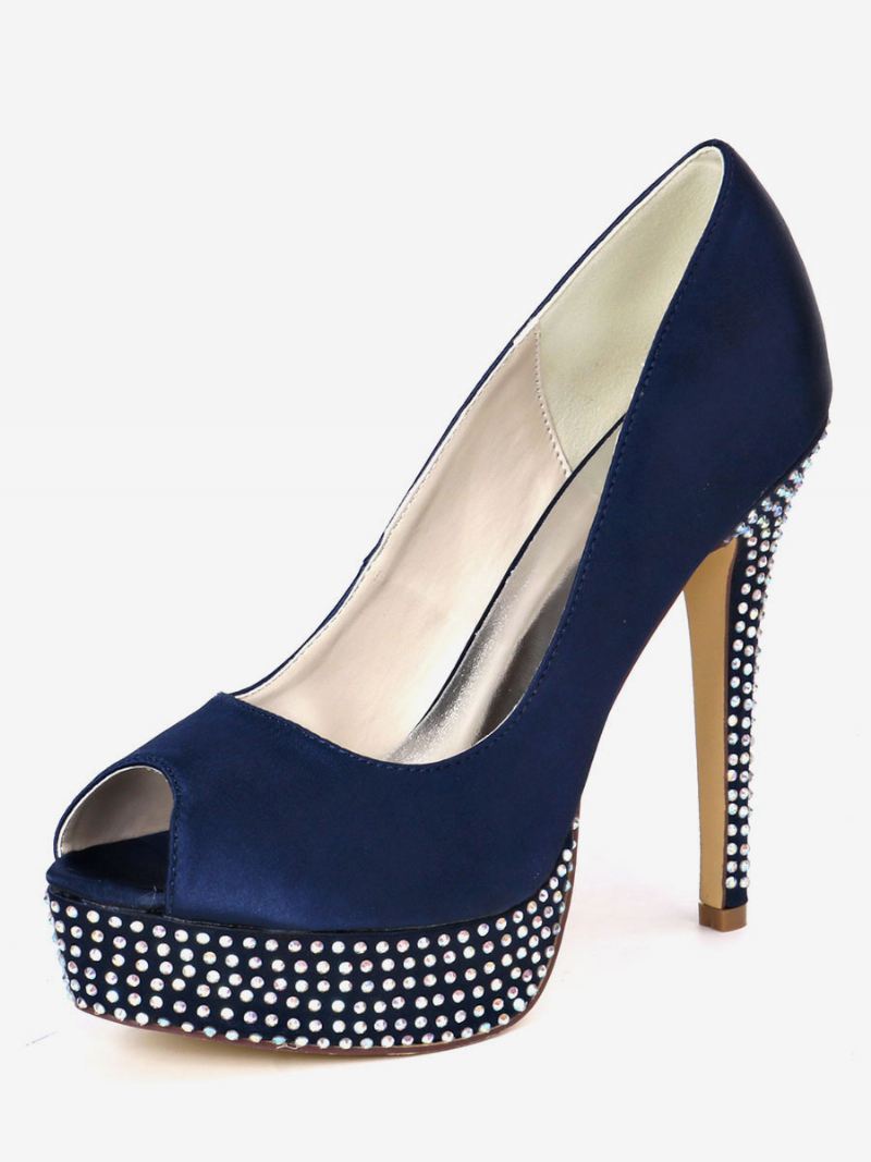 Bruidspumps Met Strass-platform Peeptoe Dames - Diepblauw