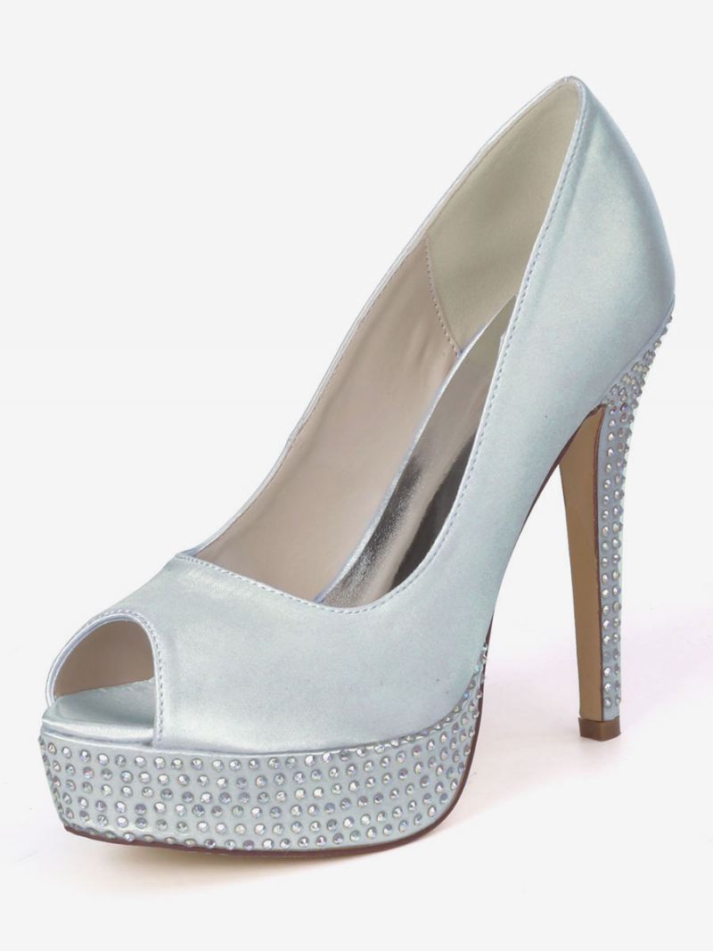 Bruidspumps Met Strass-platform Peeptoe Dames - Zilver