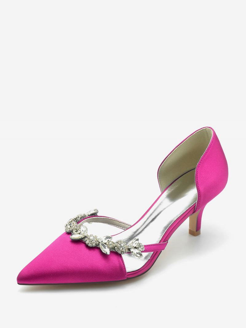 Bruidsschoenen Dames Bruidspumps Zijde Satijn Puntige Neus Strass-instappers Pumps Met Kittenhak - Rose