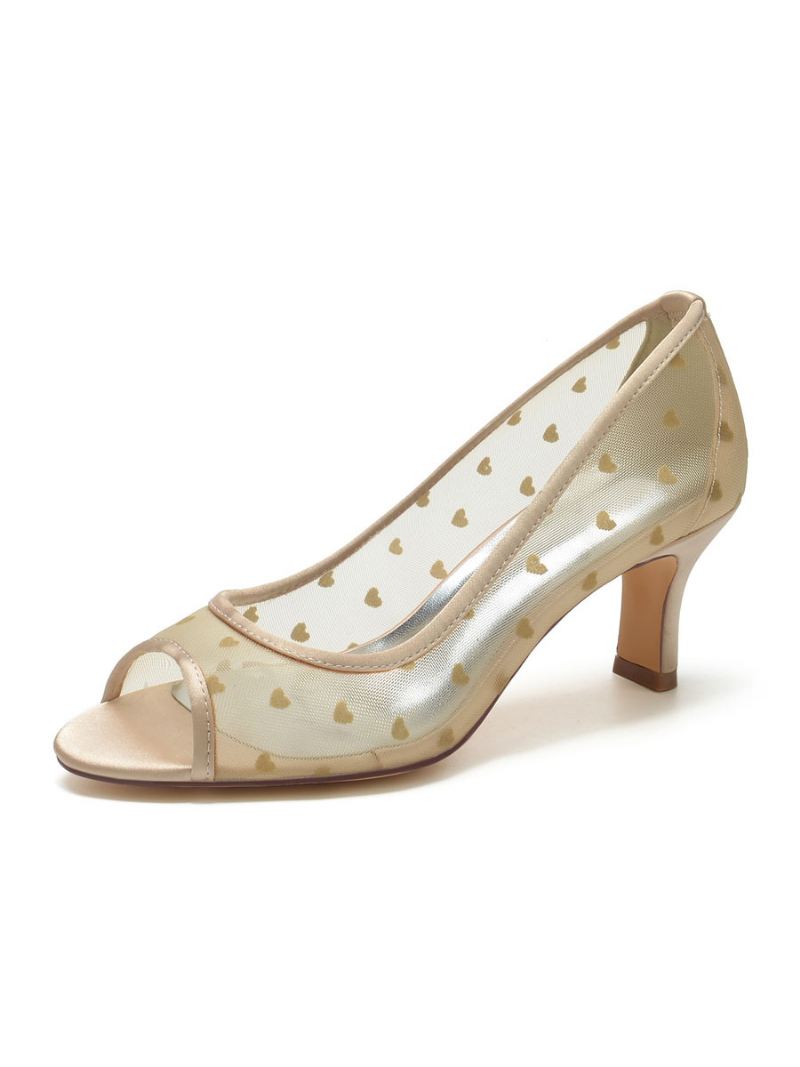 Bruidsschoenen Dames Geborduurde Mesh-peeptoe-bruidsschoenen Met Dikke Hak - Champagne