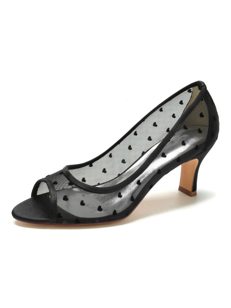 Bruidsschoenen Dames Geborduurde Mesh-peeptoe-bruidsschoenen Met Dikke Hak - Zwart