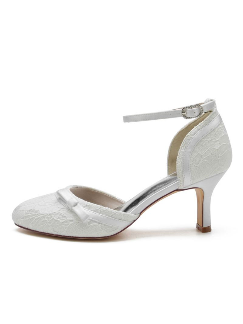 Bruidsschoenen Dames Kanten Pumps Met Ronde Neus Dikke Hak - Wit