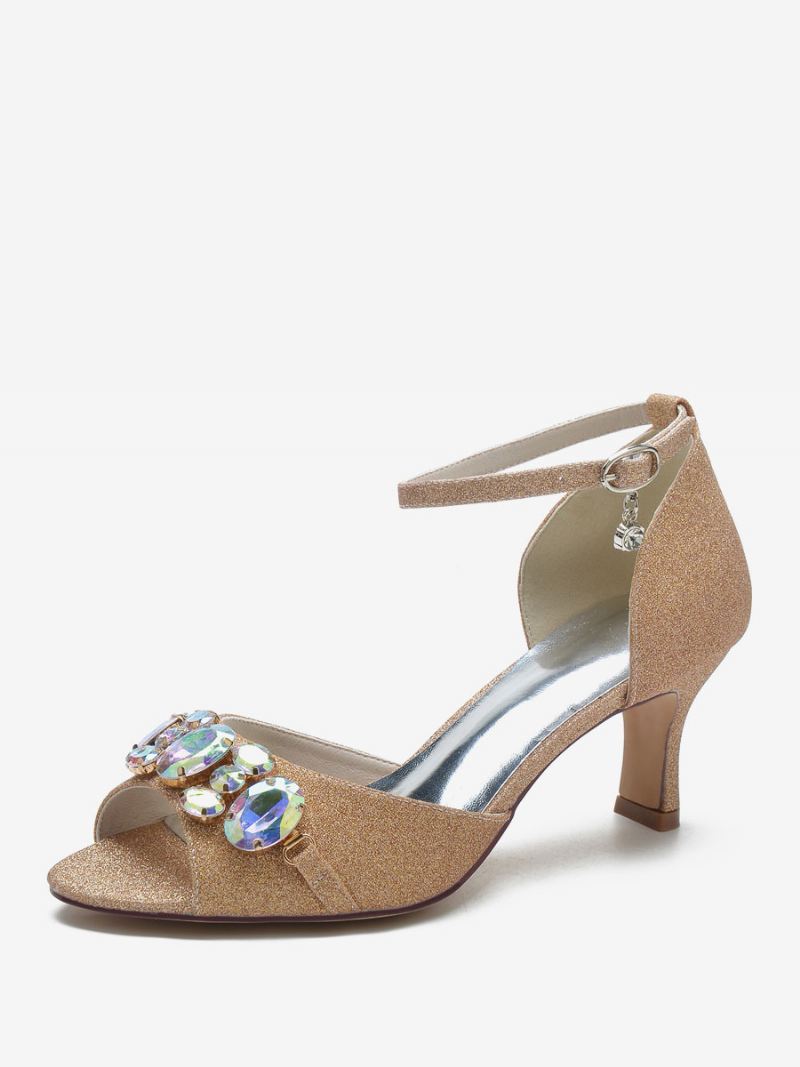 Bruidsschoenen Dames Met Lovertjes Peep Toe Strass Dikke Hak Trouwschoenen - Champagne