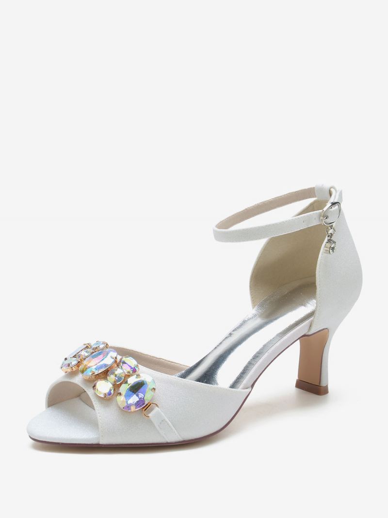 Bruidsschoenen Dames Met Lovertjes Peep Toe Strass Dikke Hak Trouwschoenen - Wit