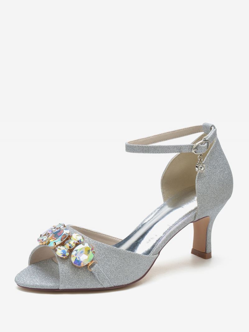 Bruidsschoenen Dames Met Lovertjes Peep Toe Strass Dikke Hak Trouwschoenen - Zilver