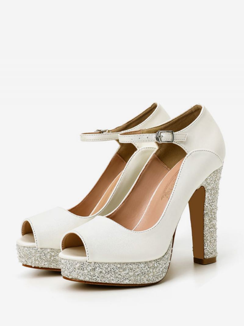 Bruidsschoenen Dames Pu-leer Ecru Witte Met Peeptoe-parels