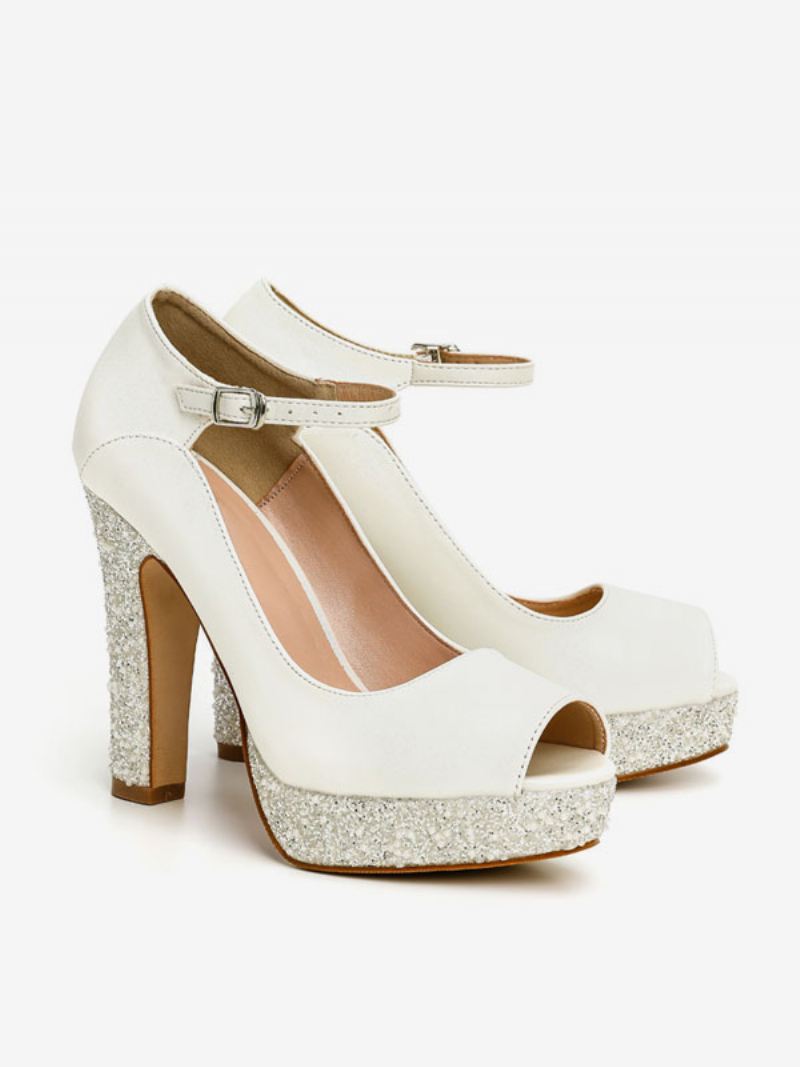 Bruidsschoenen Dames Pu-leer Ecru Witte Met Peeptoe-parels - Beige