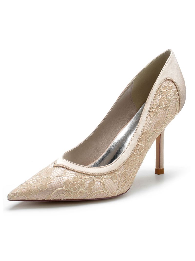 Bruidsschoenen Dames Pumps Met Naaldhak Kant - Champagne