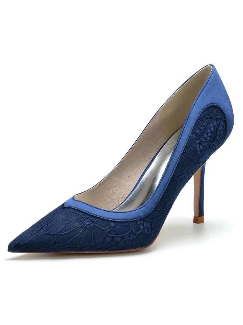 Bruidsschoenen Dames Pumps Met Naaldhak Kant - Diepblauw