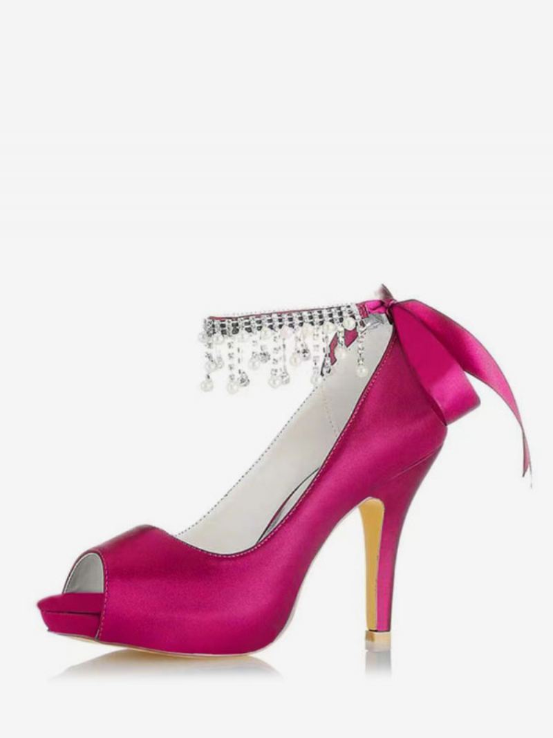 Bruidsschoenen Dames Satijn Bordeaux Peep Toe Strass-bruidsschoenen Met Dikke Hak - Rose