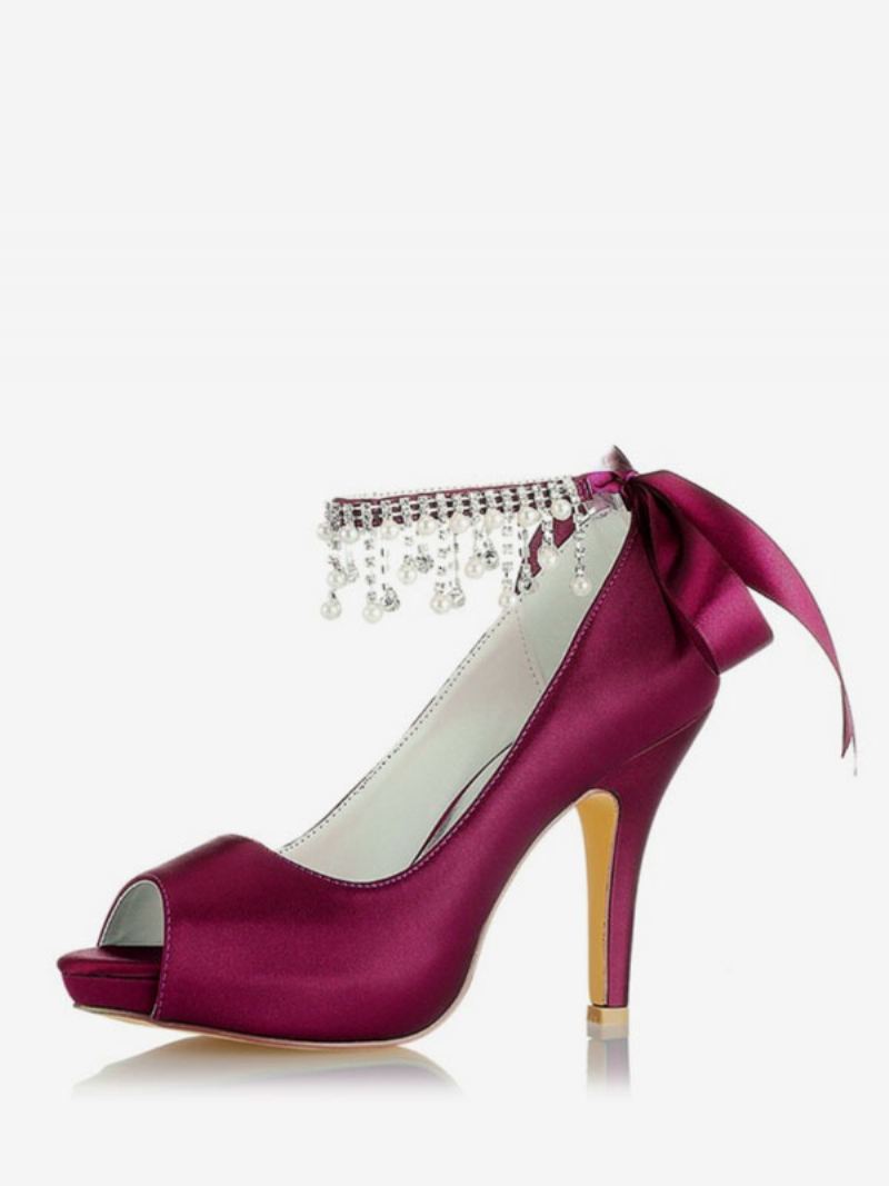 Bruidsschoenen Dames Satijn Bordeaux Peep Toe Strass-bruidsschoenen Met Dikke Hak - Bordeauxrood