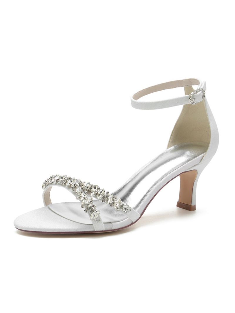 Bruidsschoenen Dames Strass-sandalen Met Enkelbandje Dikke Hak - Wit