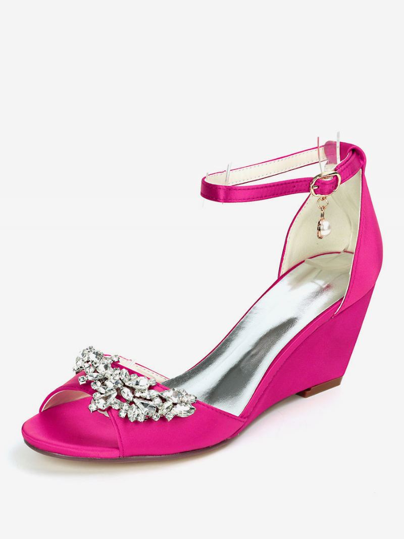 Bruidsschoenen Dames Strass-sandalen Met Enkelbandje Sleehak - Roze