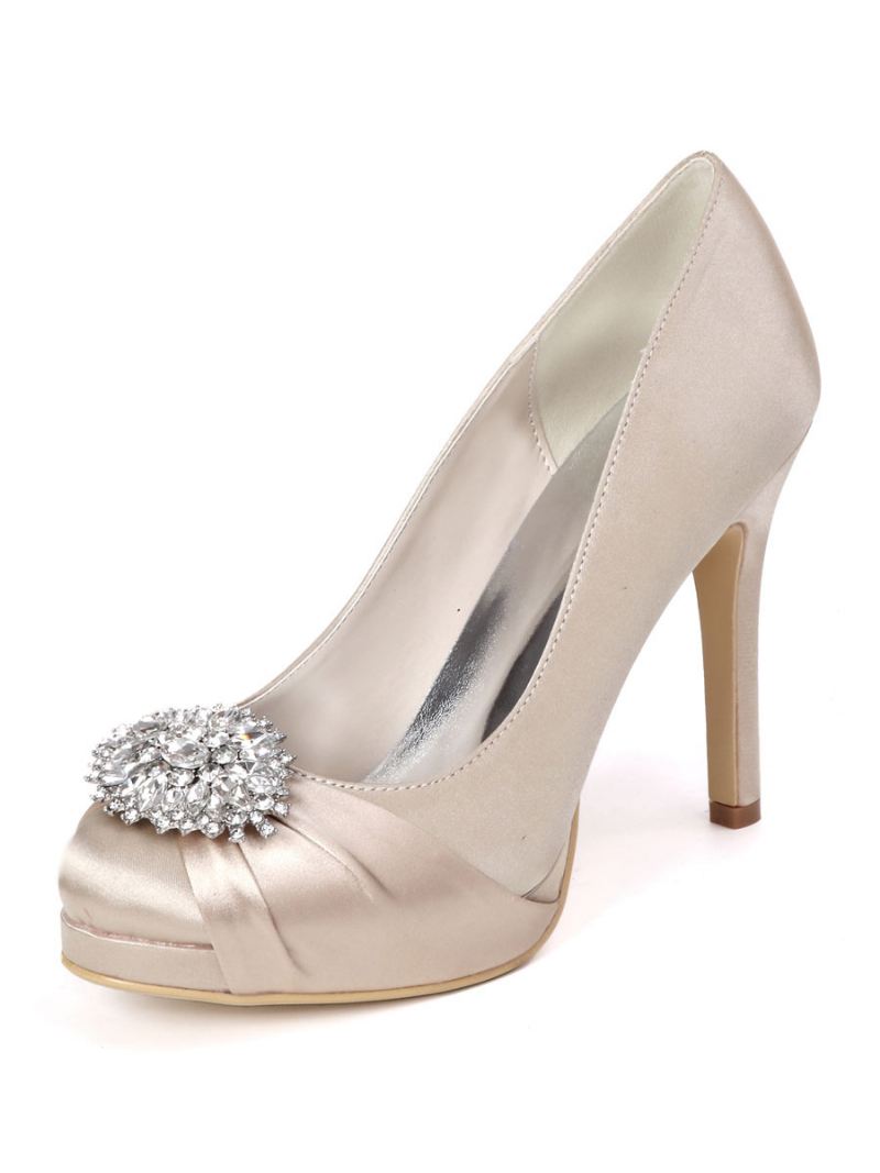 Bruidsschoenen Met Strass-platform Hakpumps Dames Satijn - Champagne