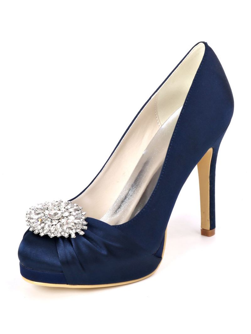 Bruidsschoenen Met Strass-platform Hakpumps Dames Satijn - Diepblauw