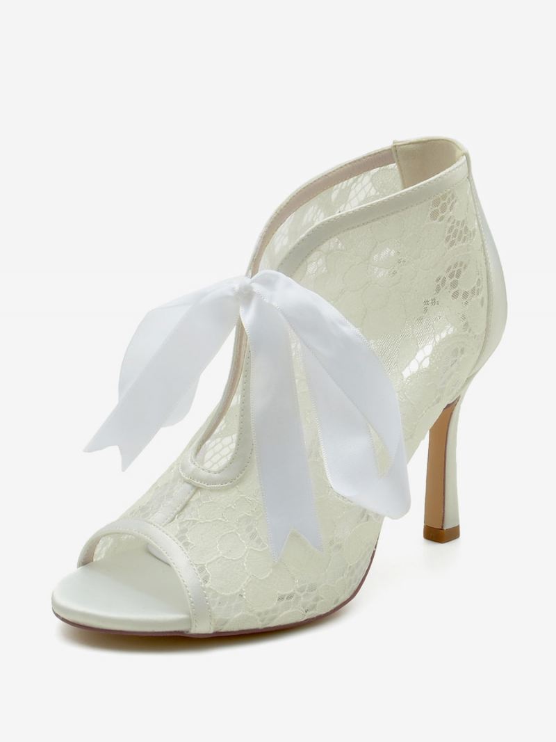 Bruiloftsschoenen Dames Met Witte Strikken Peeptoe-bruiloftsandalen - Ivoor