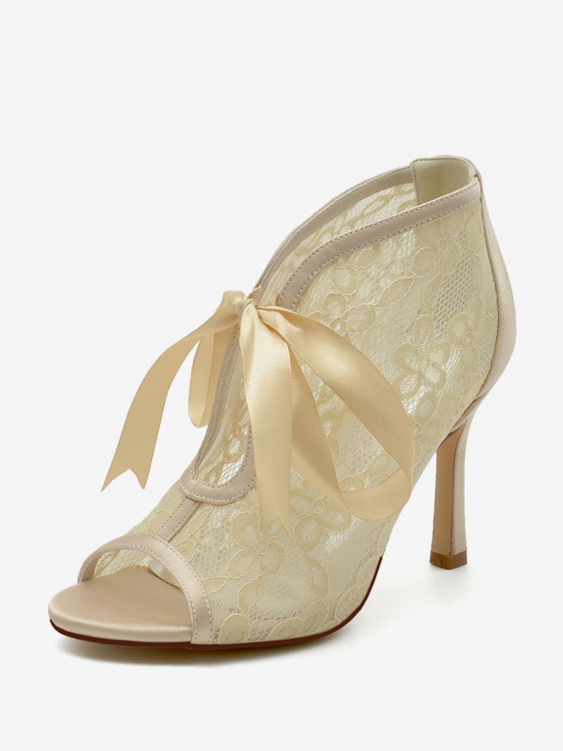 Bruiloftsschoenen Dames Met Witte Strikken Peeptoe-bruiloftsandalen - Champagne