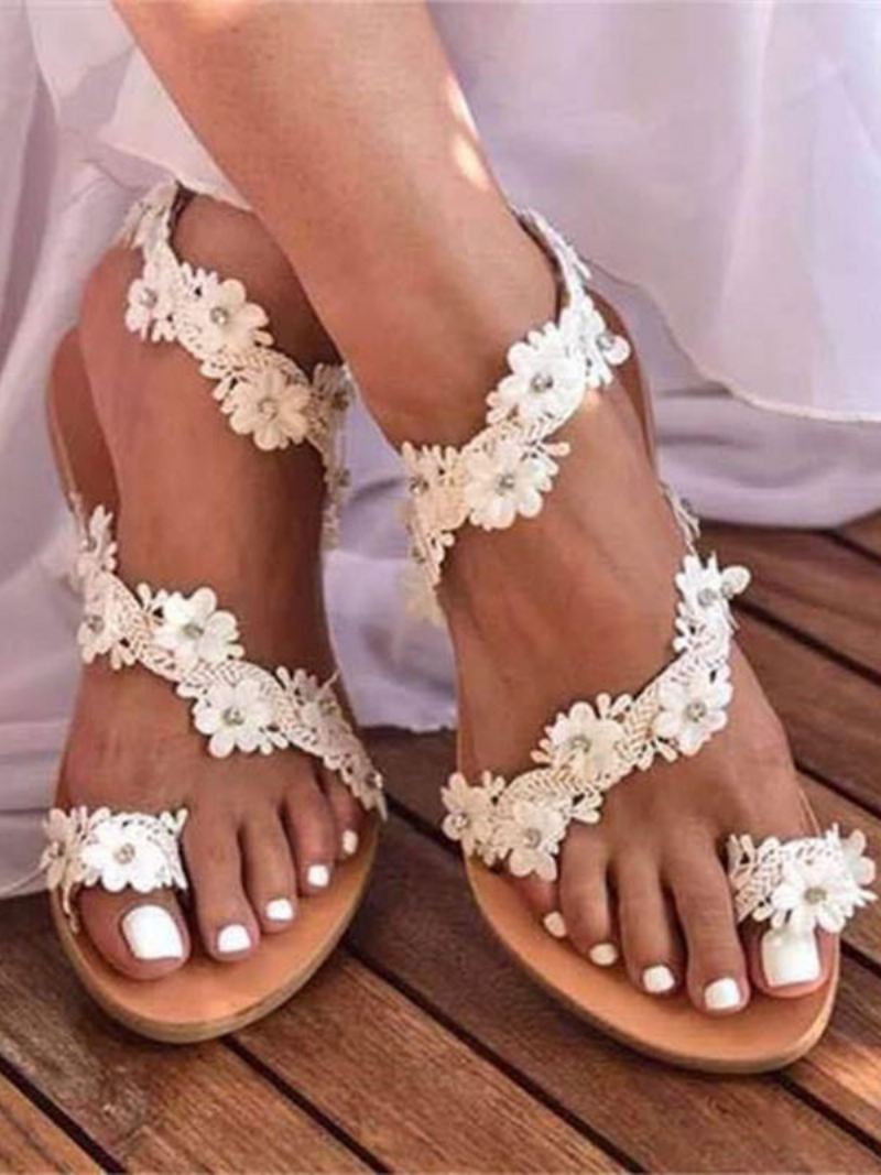 Dames Boho Trouwschoenen Bruine Teenlus Bloemen Platte Sandalen