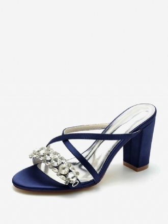 Dames Bruidssandalen Diepblauw Satijn Chique Open Teen Strass Bruiloft Sandalen