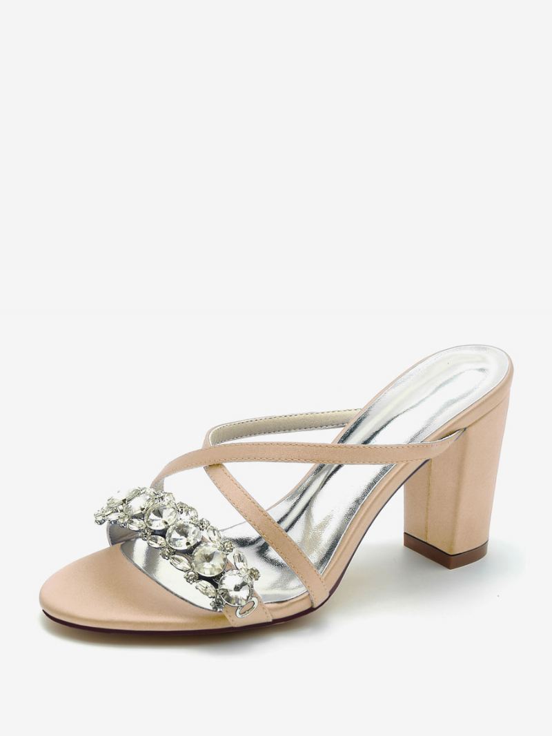 Dames Bruidssandalen Diepblauw Satijn Chique Open Teen Strass Bruiloft Sandalen - Champagne