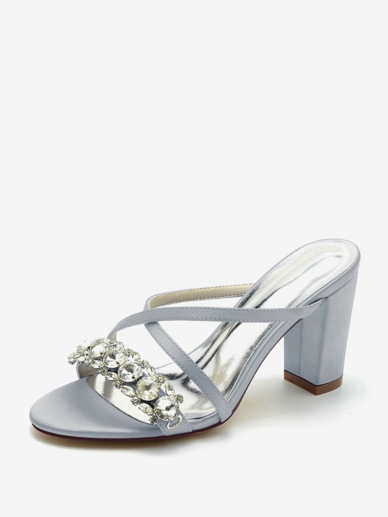 Dames Bruidssandalen Diepblauw Satijn Chique Open Teen Strass Bruiloft Sandalen - Zilver