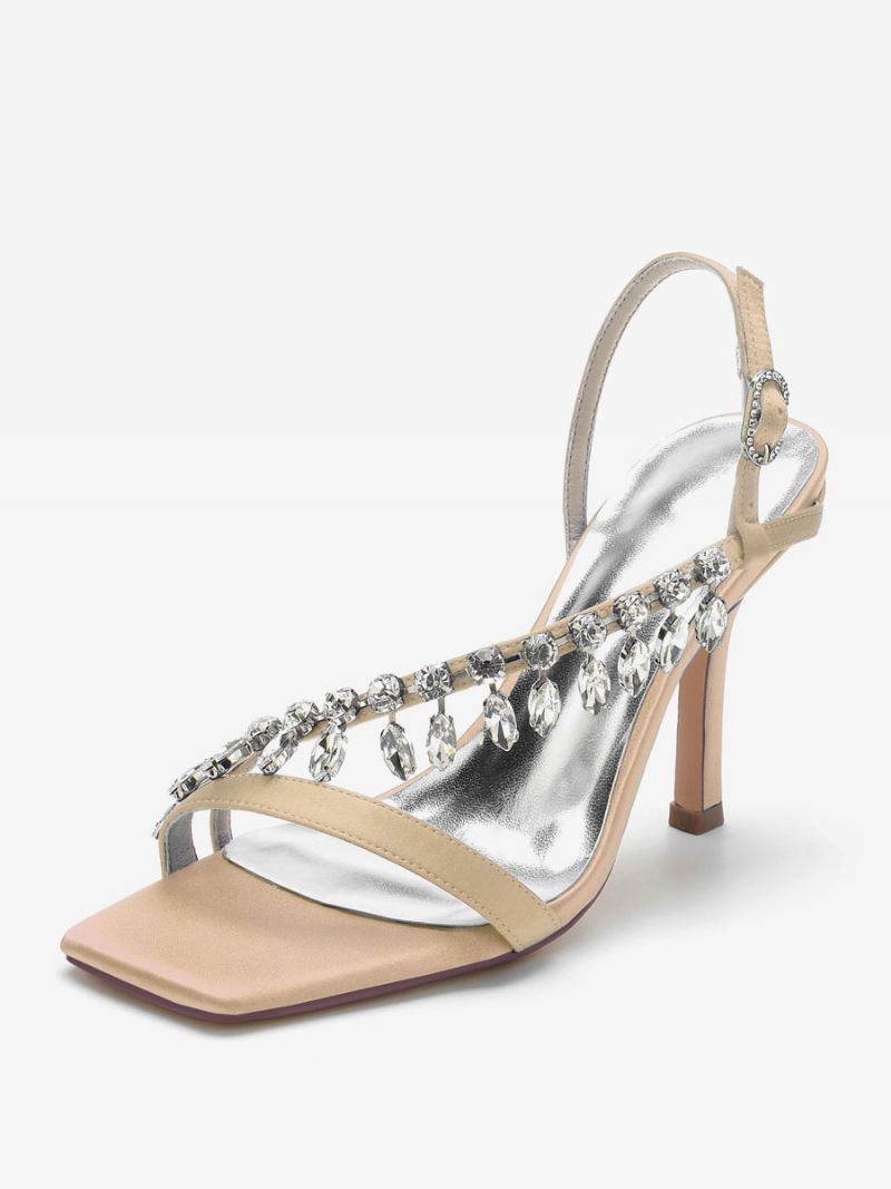 Dames Bruidssandalen Ivoor Satijn Chique Open Teen Strass Bruiloft Sandalen - Champagne