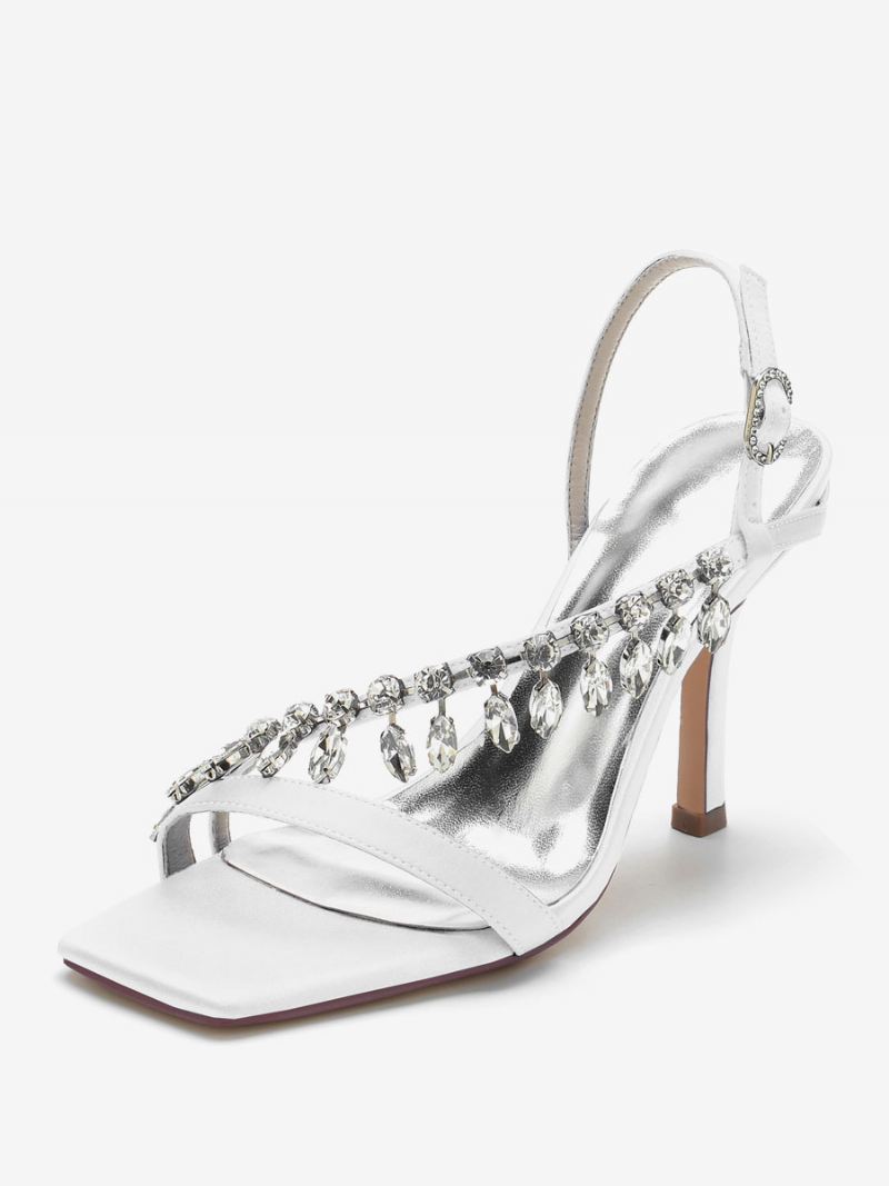 Dames Bruidssandalen Ivoor Satijn Chique Open Teen Strass Bruiloft Sandalen - Wit