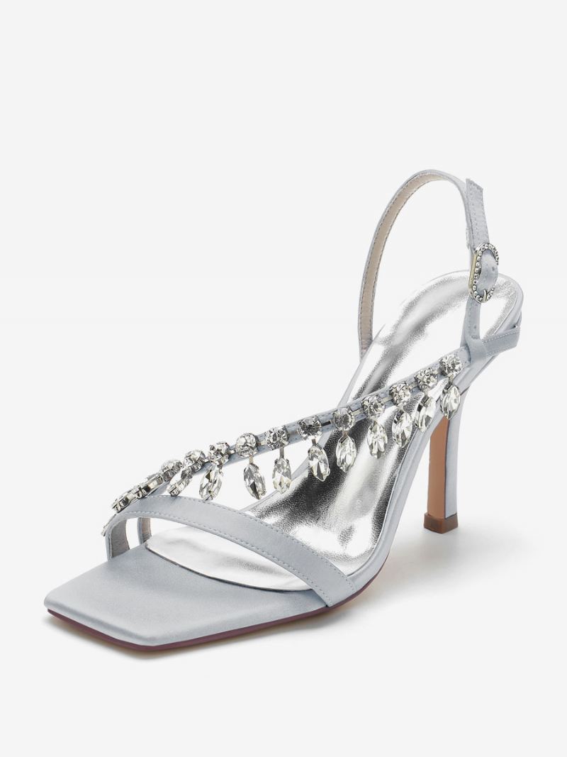 Dames Bruidssandalen Ivoor Satijn Chique Open Teen Strass Bruiloft Sandalen - Zilver