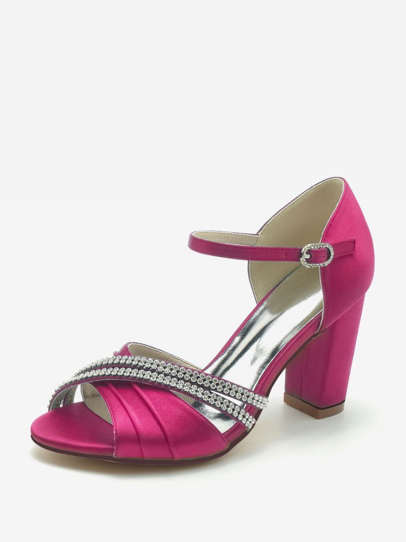 Dames Bruidssandalen Zilver Satijn Chique Open Teen Strass Bruiloft Sandalen - Rose