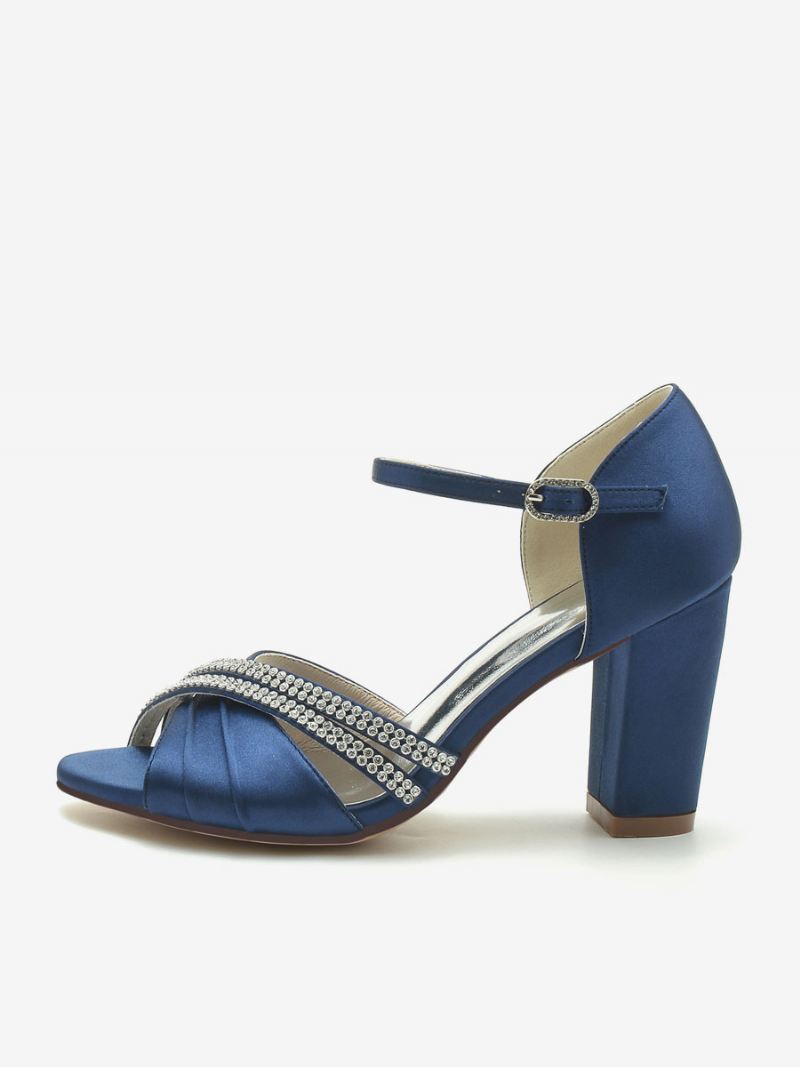 Dames Bruidssandalen Zilver Satijn Chique Open Teen Strass Bruiloft Sandalen - Diepblauw