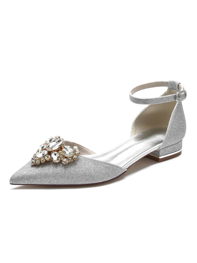 Dames Bruidsschoenen Strass Enkelbandje Flats - Zilver