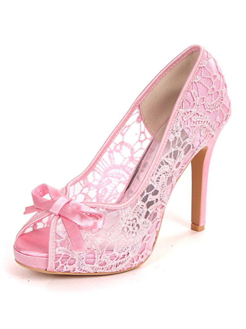 Dames Bruiloft Kanten Strikken Peep Toe Stiletto Hak Bruidsschoenen - Roze